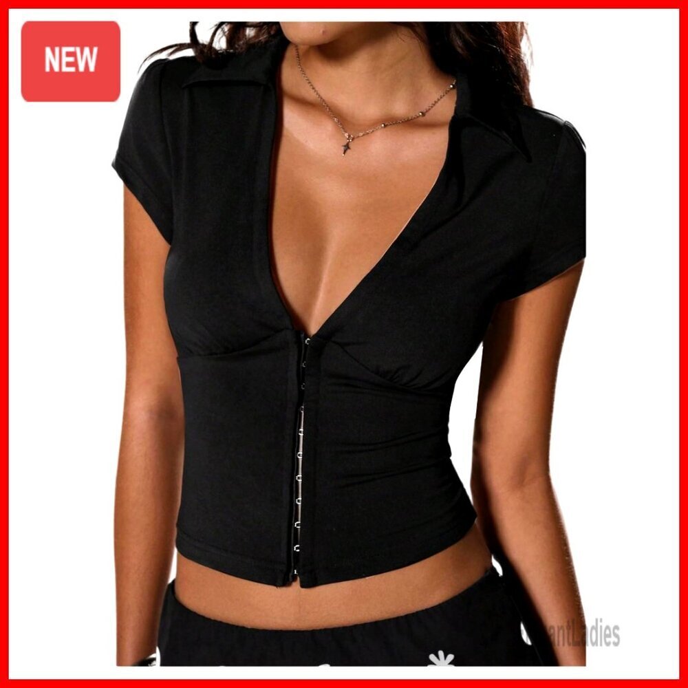 Sexy V-Neck Corset Crop Top Short Sleeve Polyester Stretch Y2K Going Out